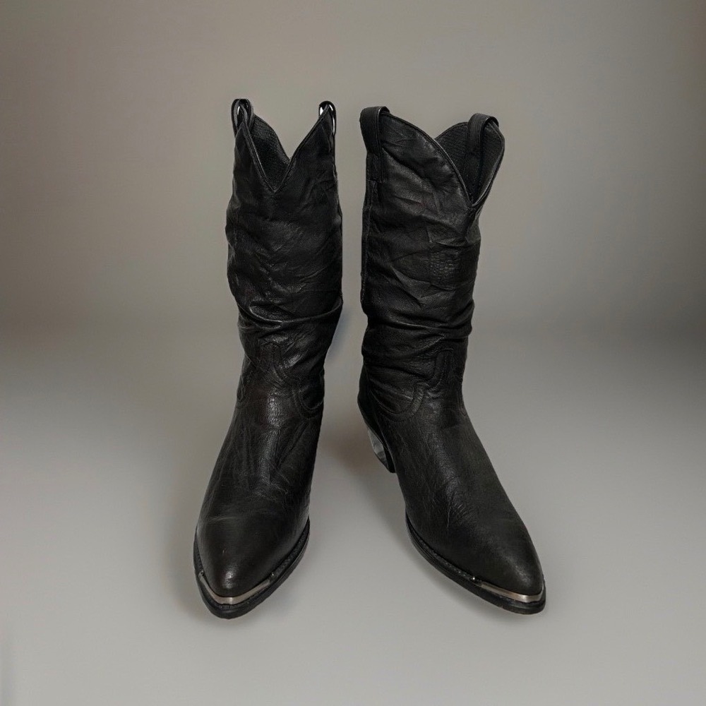 Code West Western Cowboy Boots Black Leather Size 7M Pointed Toe Metal Tip Women